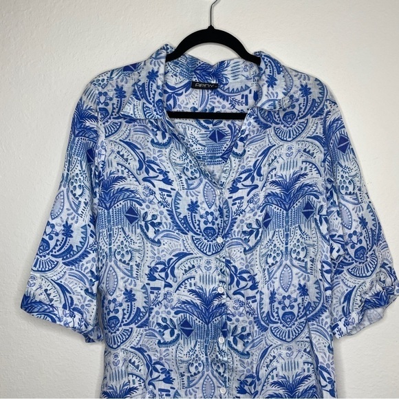 APNY 100% Linen Button Down Tunic Blue Coastal Print Size M Beachy Vacation - Picture 2 of 7